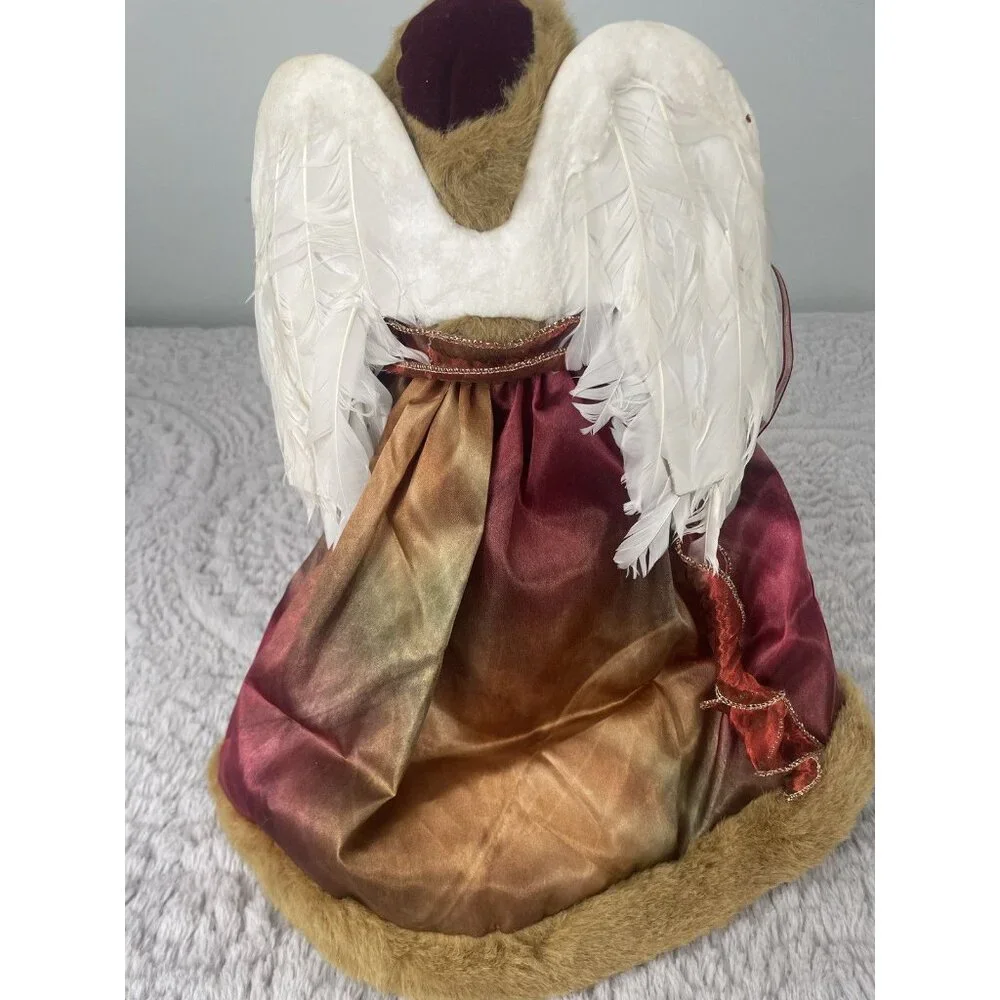 Vtg Christmas Angel Tree Topper Burgundy Gold Faux Fur Coat 16